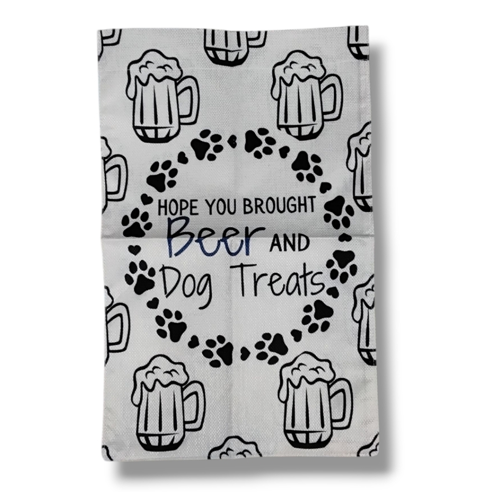All Season Playful Black and White Garden Flag with Beer and Dog Treats Design